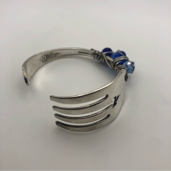 VTG Curved Fork Cutlery Bracelet w Wire Wrapped Glass Bead Accents 7” C & 2” D - Picture 2 of 10